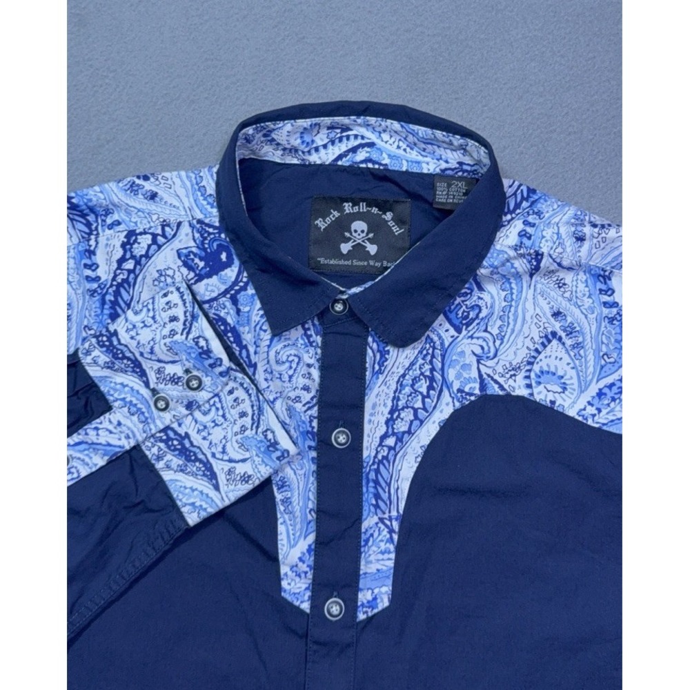 Rock Roll N Soul Shirt Mens XXL Navy Contrast Western Yoke Rodeo Cowboy USA